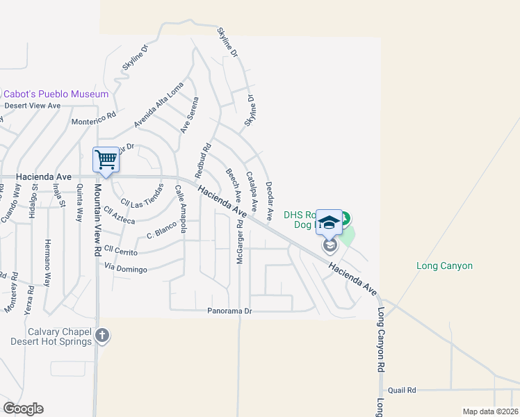 map of restaurants, bars, coffee shops, grocery stores, and more near 13221 Deodar Avenue in Desert Hot Springs