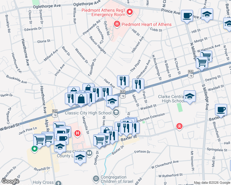 map of restaurants, bars, coffee shops, grocery stores, and more near 1880 West Broad Street in Athens