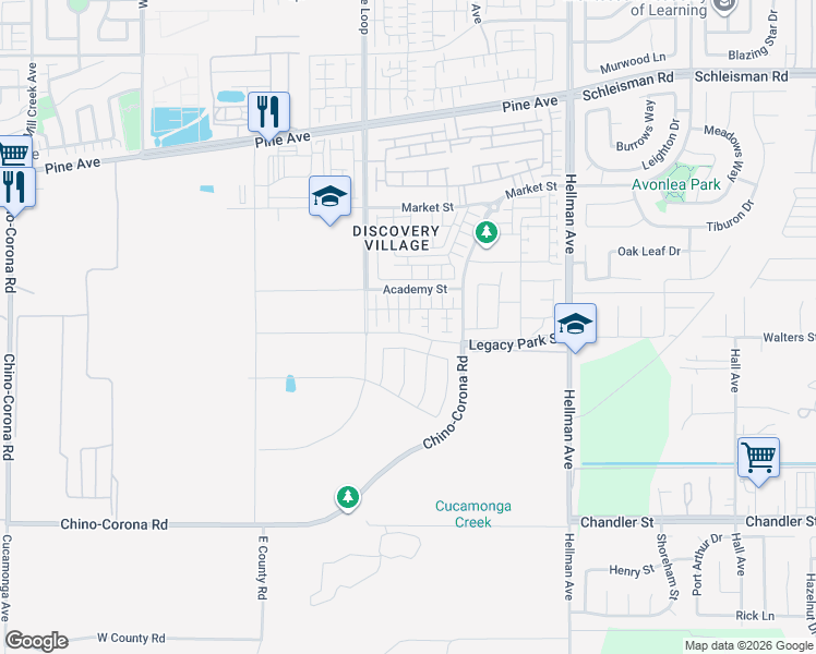 map of restaurants, bars, coffee shops, grocery stores, and more near 16588 Sightseer Place in Chino