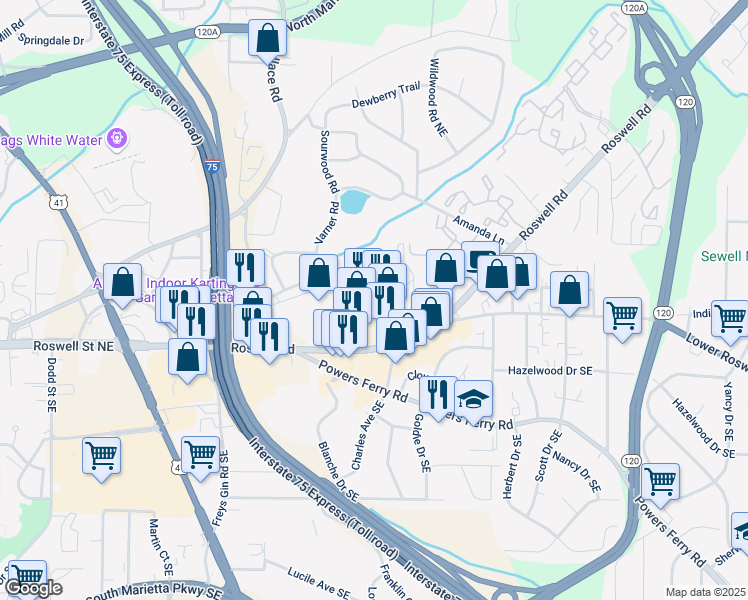 map of restaurants, bars, coffee shops, grocery stores, and more near 1465 Roswell Road in Marietta