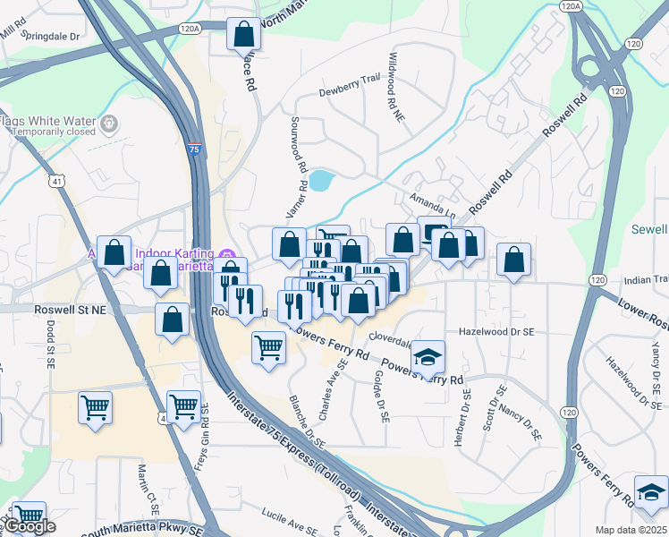 map of restaurants, bars, coffee shops, grocery stores, and more near 1465 Roswell Road in Marietta