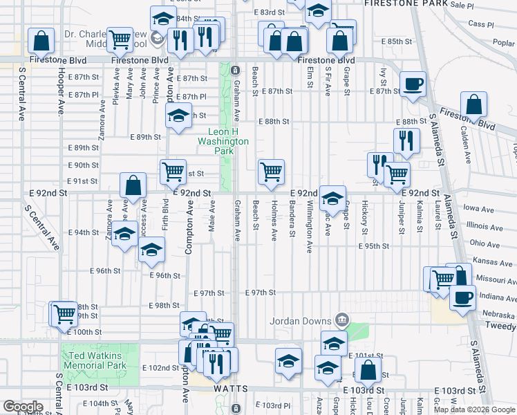 map of restaurants, bars, coffee shops, grocery stores, and more near 9232 Beach Street in Los Angeles