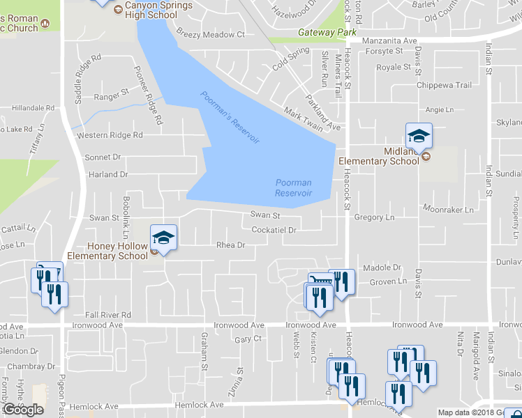 map of restaurants, bars, coffee shops, grocery stores, and more near 23710 Swan Street in Moreno Valley