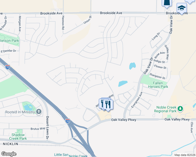 map of restaurants, bars, coffee shops, grocery stores, and more near 1586 Valhalla Court in Beaumont