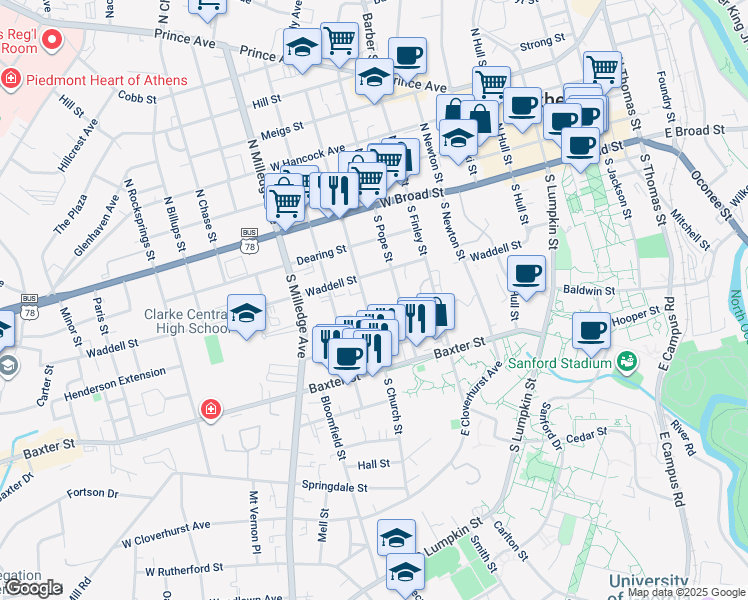 map of restaurants, bars, coffee shops, grocery stores, and more near 350 South Pope Street in Athens