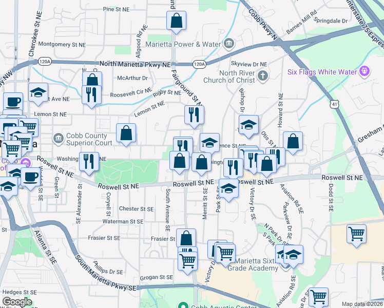 map of restaurants, bars, coffee shops, grocery stores, and more near 65 Fairground Street Southeast in Marietta