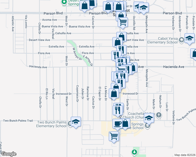 map of restaurants, bars, coffee shops, grocery stores, and more near 13223 El Cajon Drive in Desert Hot Springs