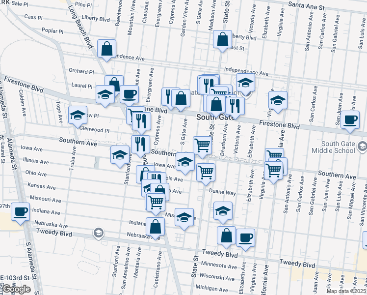 map of restaurants, bars, coffee shops, grocery stores, and more near 8986 South Gate Avenue in South Gate