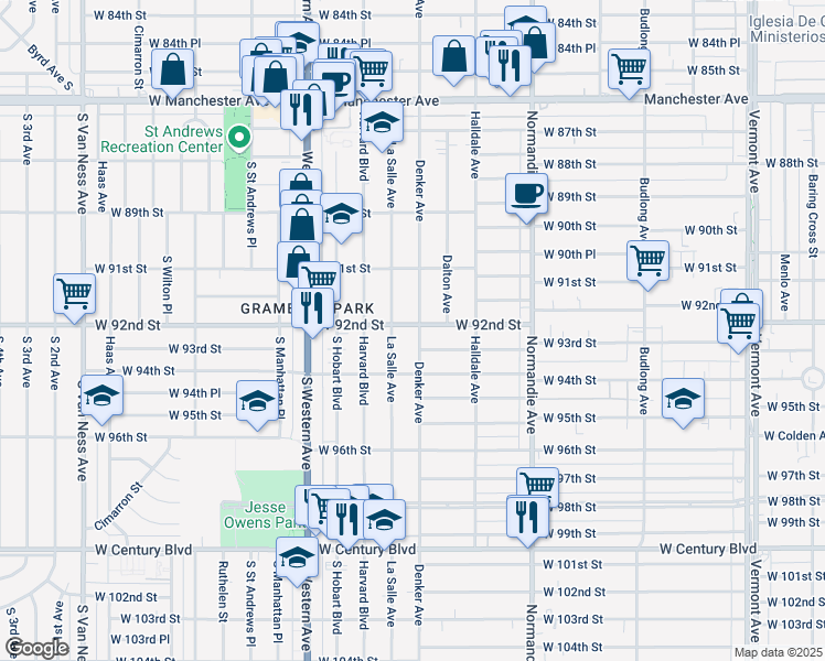 map of restaurants, bars, coffee shops, grocery stores, and more near 9201 South Denker Avenue in Los Angeles