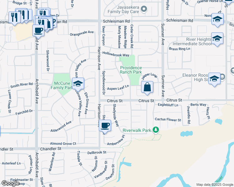 map of restaurants, bars, coffee shops, grocery stores, and more near 13688 Heatherwood Drive in Corona
