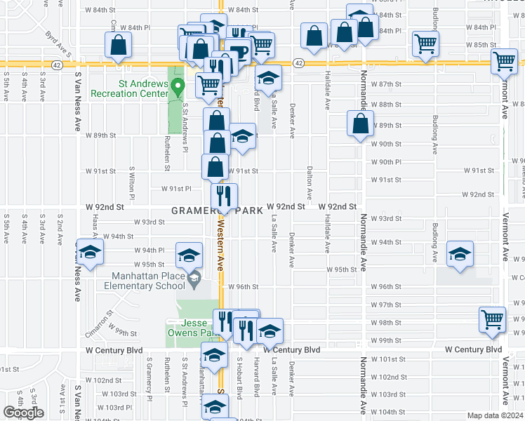 map of restaurants, bars, coffee shops, grocery stores, and more near 9200 Harvard Boulevard in Los Angeles