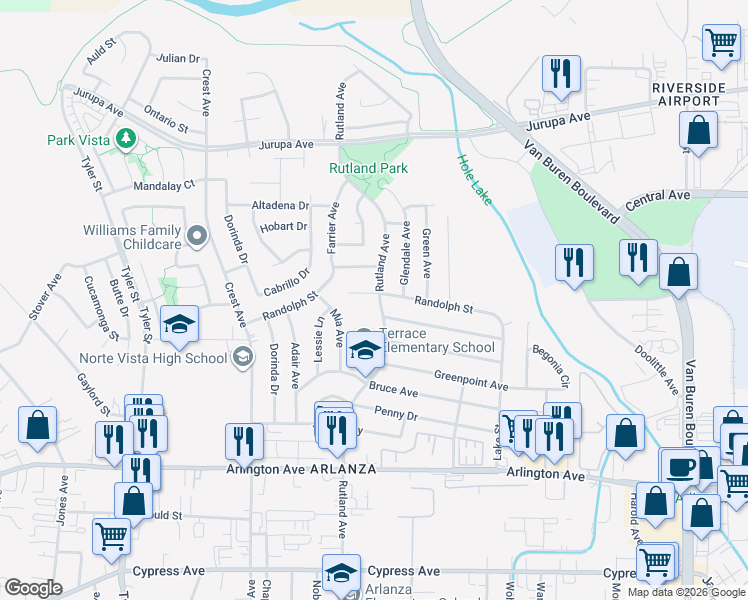 map of restaurants, bars, coffee shops, grocery stores, and more near 8868 Randolph Street in Riverside