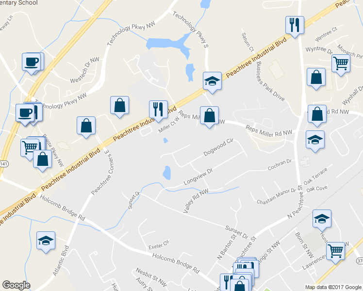 map of restaurants, bars, coffee shops, grocery stores, and more near 265 Dogwood Walk Lane in Norcross