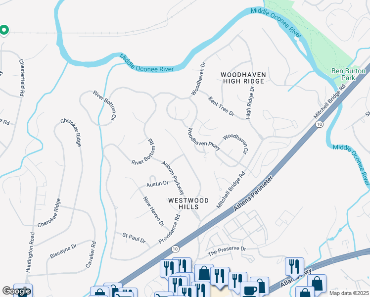 map of restaurants, bars, coffee shops, grocery stores, and more near 400 Providence Road in Athens