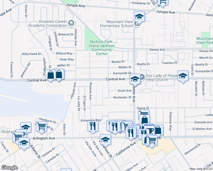 map of restaurants, bars, coffee shops, grocery stores, and more near 6641 Rexford Drive in Riverside