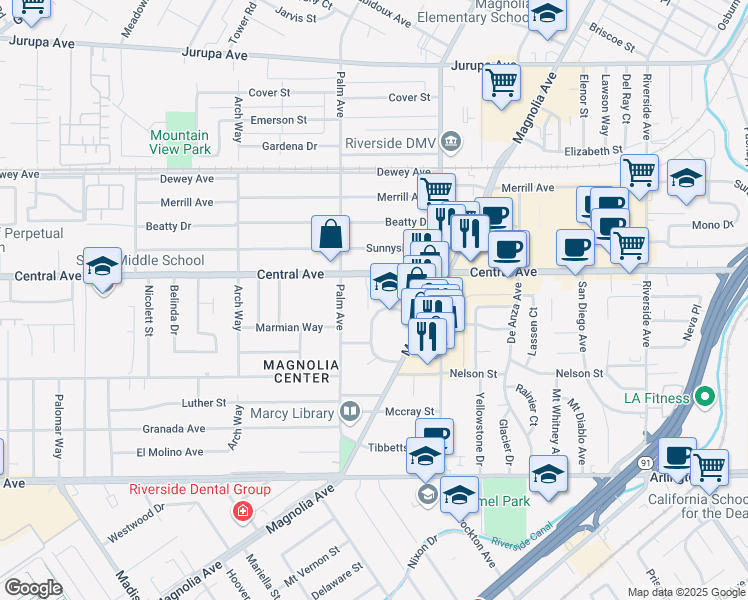map of restaurants, bars, coffee shops, grocery stores, and more near 6668 Navel Court in Riverside