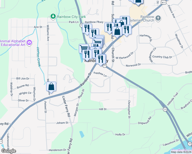 map of restaurants, bars, coffee shops, grocery stores, and more near 108 Yorkshire Place in Rainbow City