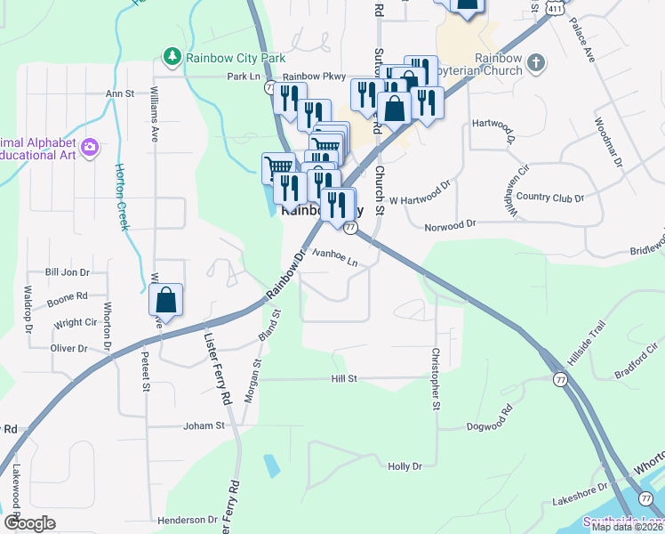 map of restaurants, bars, coffee shops, grocery stores, and more near 108 Yorkshire Pl in Rainbow City