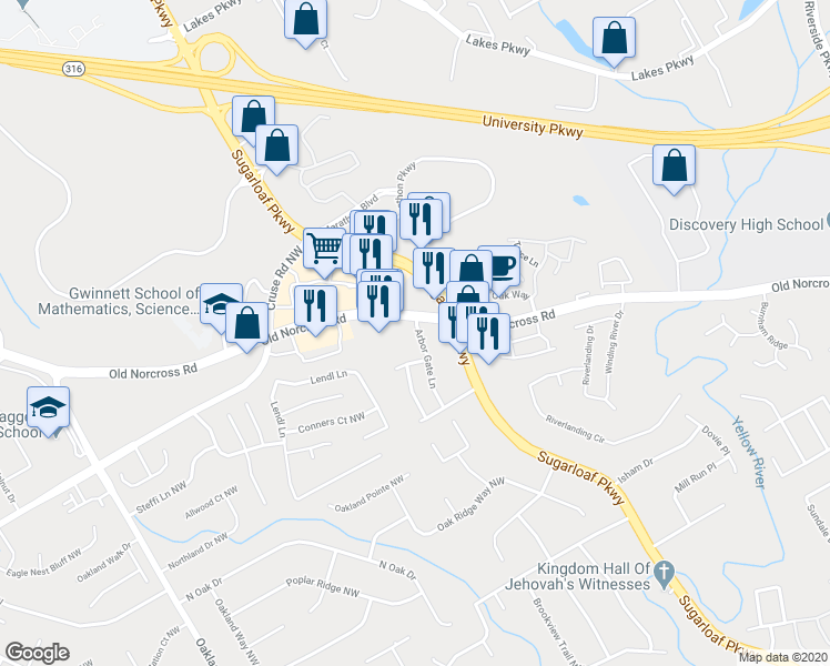 map of restaurants, bars, coffee shops, grocery stores, and more near 834 Arbor Gate Lane in Lawrenceville