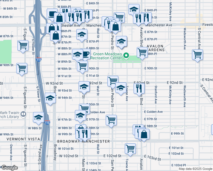 map of restaurants, bars, coffee shops, grocery stores, and more near 234 East 92nd Street in Los Angeles