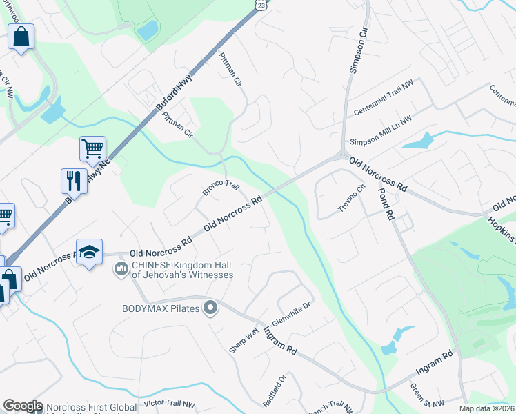 map of restaurants, bars, coffee shops, grocery stores, and more near 2612 Chaffin Ridge Drive in Duluth