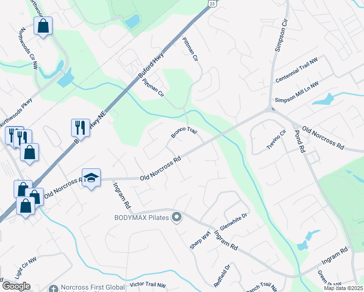 map of restaurants, bars, coffee shops, grocery stores, and more near 4897 Old Norcross Road in Duluth