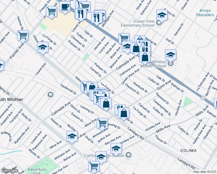 map of restaurants, bars, coffee shops, grocery stores, and more near 14101 La Forge Street in Whittier