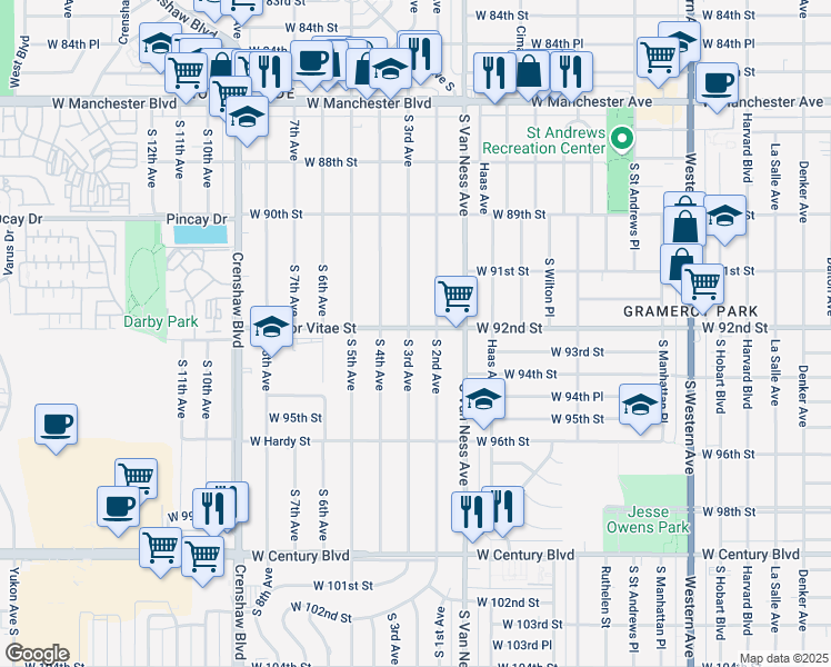 map of restaurants, bars, coffee shops, grocery stores, and more near 9300 South 3rd Avenue in Inglewood