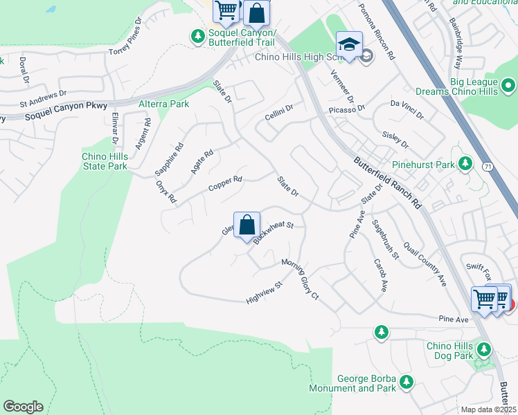 map of restaurants, bars, coffee shops, grocery stores, and more near 5096 Glenview Street in Chino Hills