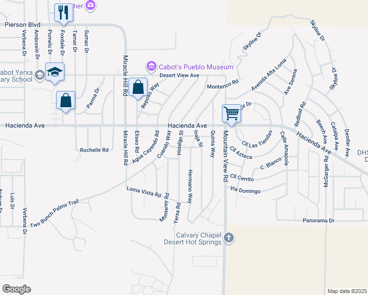 map of restaurants, bars, coffee shops, grocery stores, and more near Arena Blanca Road in Desert Hot Springs