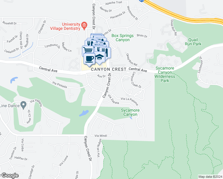 map of restaurants, bars, coffee shops, grocery stores, and more near 5423 Vía Alberca in Riverside