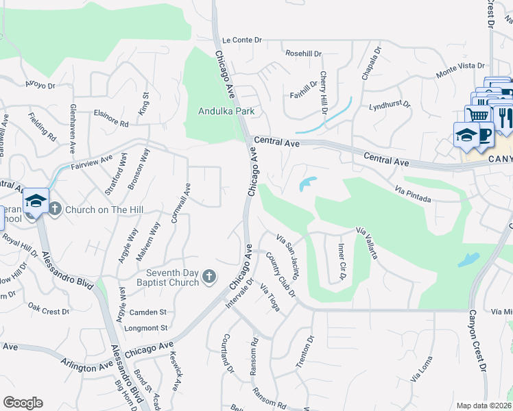 map of restaurants, bars, coffee shops, grocery stores, and more near 5300 Vía San Jacinto in Riverside
