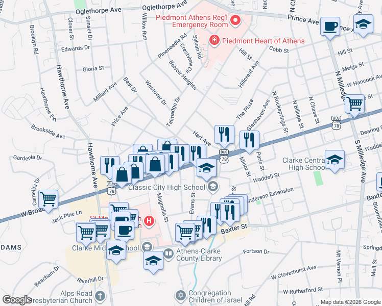 map of restaurants, bars, coffee shops, grocery stores, and more near 35 Holman Avenue in Athens