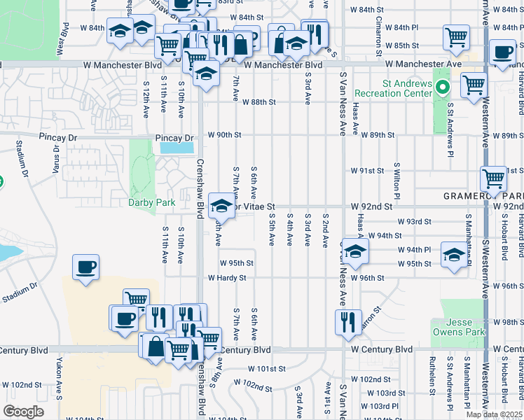 map of restaurants, bars, coffee shops, grocery stores, and more near 2618 West Arbor Vitae Street in Inglewood