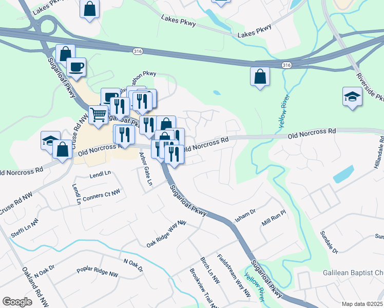 map of restaurants, bars, coffee shops, grocery stores, and more near 1759 Coleville Oak Lane in Lawrenceville