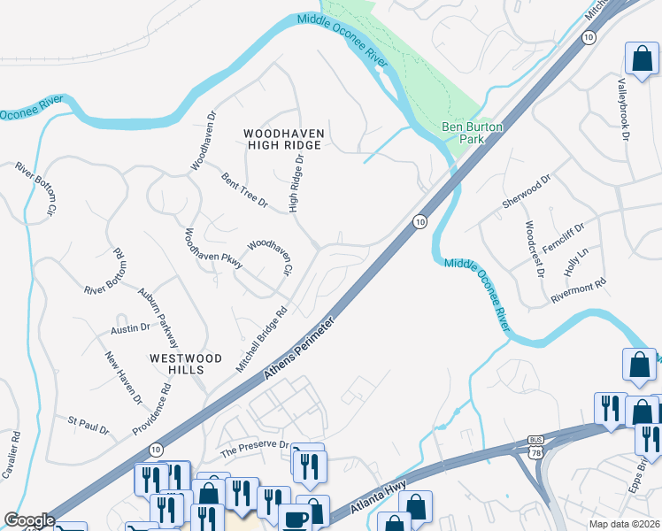 map of restaurants, bars, coffee shops, grocery stores, and more near 128 Russell Way in Athens