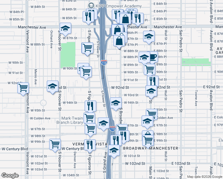 map of restaurants, bars, coffee shops, grocery stores, and more near 334 West 92nd Street in Los Angeles
