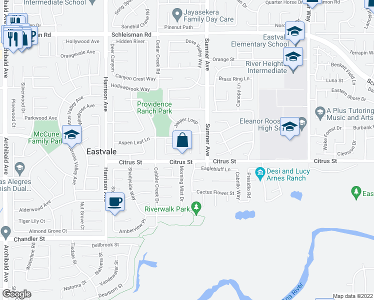 map of restaurants, bars, coffee shops, grocery stores, and more near 7463 4 Winds Court in Corona