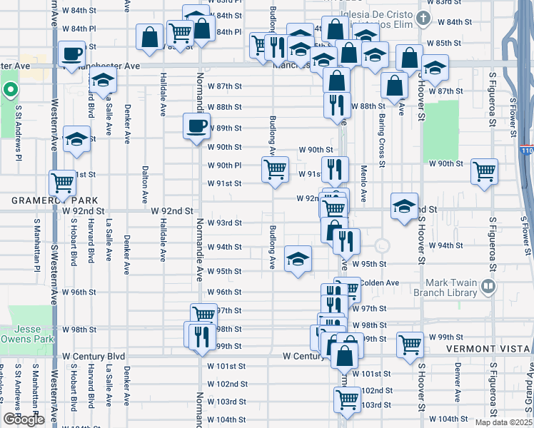 map of restaurants, bars, coffee shops, grocery stores, and more near 9223 Budlong Avenue in Los Angeles