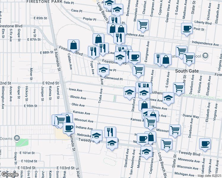 map of restaurants, bars, coffee shops, grocery stores, and more near 2752 Southern Avenue in South Gate