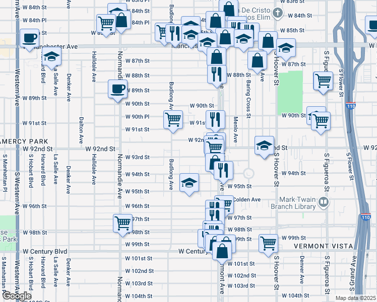 map of restaurants, bars, coffee shops, grocery stores, and more near 1115 3/4 West 93rd Street in Los Angeles