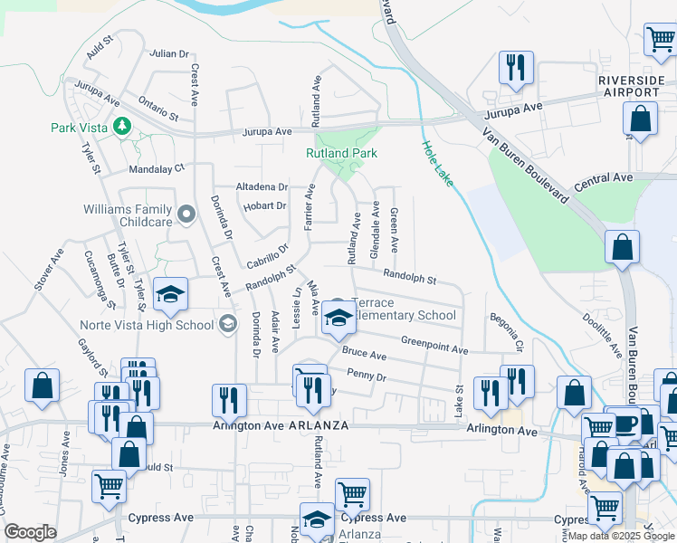map of restaurants, bars, coffee shops, grocery stores, and more near 8918 Randolph Street in Riverside