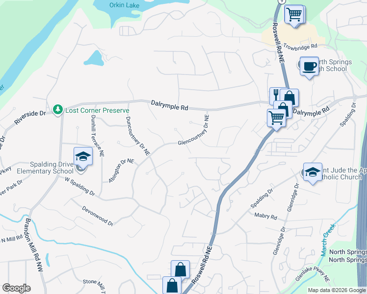 map of restaurants, bars, coffee shops, grocery stores, and more near 7220 Selkirk Drive Northeast in Atlanta
