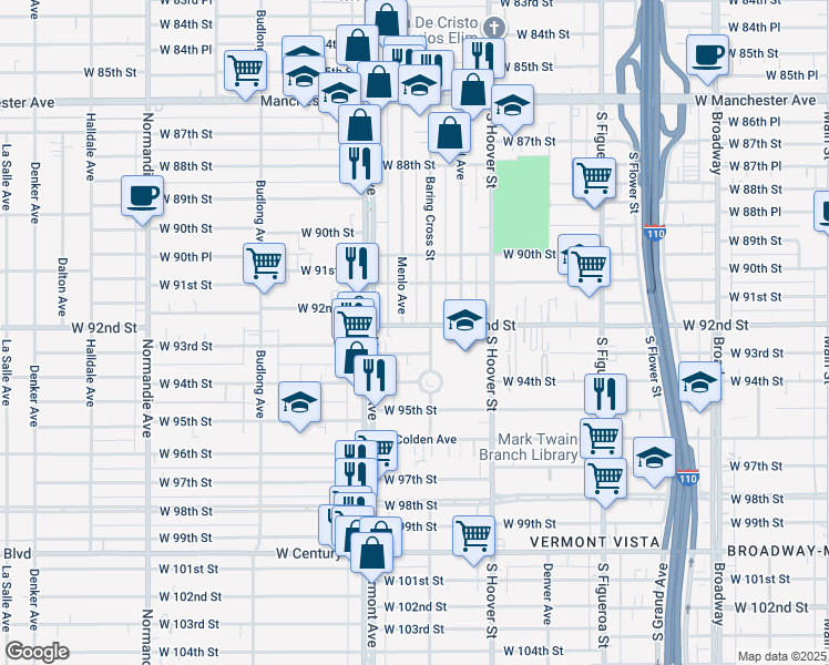 map of restaurants, bars, coffee shops, grocery stores, and more near 812 West 92nd Street in Los Angeles