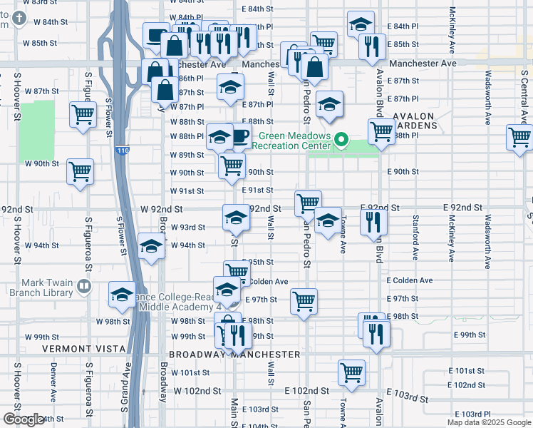 map of restaurants, bars, coffee shops, grocery stores, and more near 152 East 92nd Street in Los Angeles