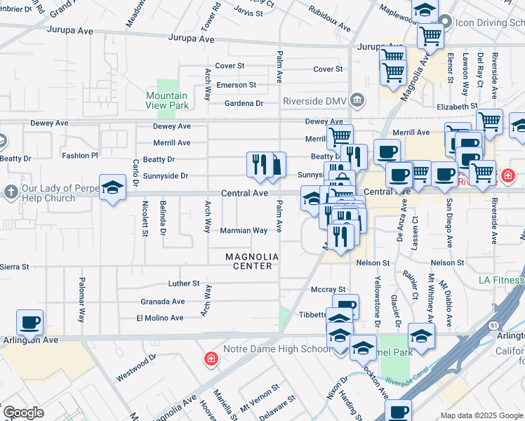 map of restaurants, bars, coffee shops, grocery stores, and more near 6655 Palm Avenue in Riverside