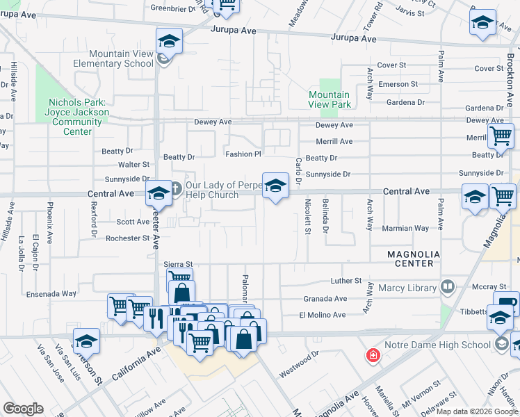 map of restaurants, bars, coffee shops, grocery stores, and more near 6642 Montclair Drive in Riverside