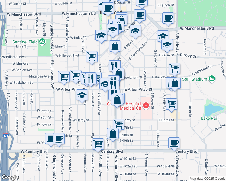 map of restaurants, bars, coffee shops, grocery stores, and more near 228 East Arbor Vitae Street in Inglewood