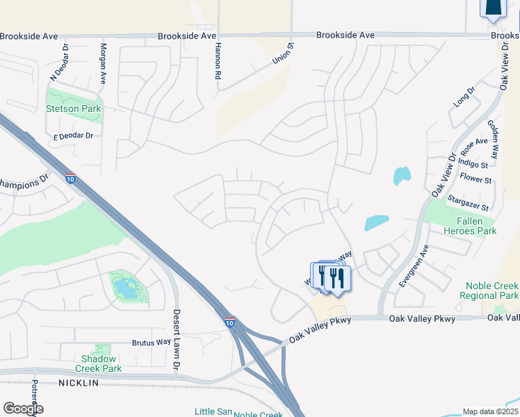 map of restaurants, bars, coffee shops, grocery stores, and more near 1566 Rockrose Way in Beaumont