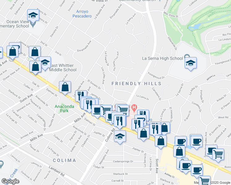 map of restaurants, bars, coffee shops, grocery stores, and more near 15104 La Calma Drive in Whittier
